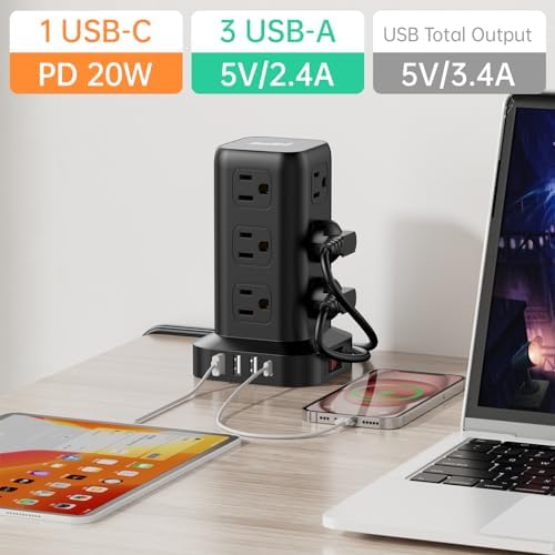 15 FT USB C Surge Protector Power Tower with 12 AC Outlets & 4 Rapid Charging USB Ports – Ultimate Overload Protection for Home and Travel Efficiency – Compact, Versatile Charging Solution for Modern Devices