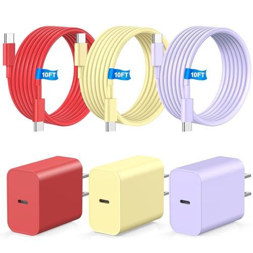 Ultra-Fast 60 W USB-C Charger Set – 3-Pack with 10 FT Charging Cables for i Phone 15/16 Pro/Max/Plus, i Pad Air/Pro, Samsung Devices – High-Speed Charging in Vibrant Red, Purple, Green – Maximum Compatibility & Convenience for On-the-Go Power Solutions