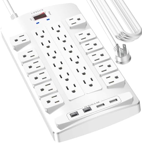 Ultimate QINLIANF Surge Protector Power Strip – 6 Ft Heavy-Duty Extension Cord with 24 Versatile Outlets and 4 High-Speed USB Ports (2 USB-C), 1875 W/15 A Capacity, 4100 J Surge Protection for Home, Office, and Dorm Use – ETL Certified for Maximum Safety and Reliability
