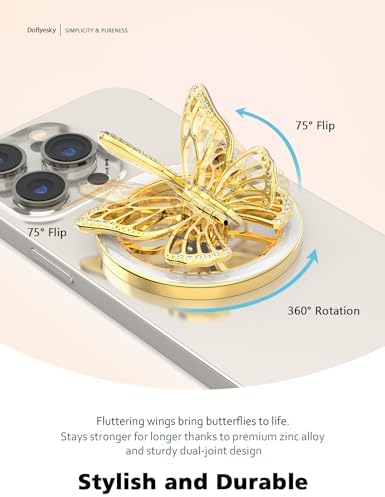 Transform Your Mobile Experience with the Chic Magnetic Phone Grip for Mag Safe – Stylish Butterfly Design in Rose Gold and White, Featuring Versatile Kickstand and Universal Adapter Ring for Enhanced Functionality and Secure Hold