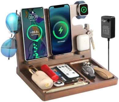 Elegant 3-in-1 Wood Wireless Charging Station for i Phone, Apple Watch & Air Pods – 27 W Fast Charge Nightstand Organizer – Ideal Gift for Men’s Birthdays & Anniversaries – Sleek Design for Clutter-Free Spaces