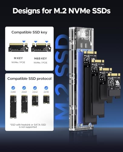 ORICO Transparent M.2 NVMe SSD Enclosure – Ultra-Fast USB 3.2 Gen 2 Adapter for PCI-E M-Key SSDs (2280/2260/2242/2230) – Lightweight and Durable External Solid State Drive Case with Tool-Free Setup and USB Type-C Support for Seamless Data Transfer