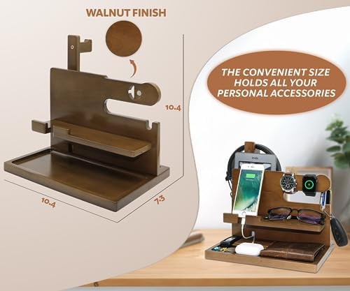 Wooden Phone Docking Station for Men – Nightstand Organizer with Key Holder, Wallet Stand, Watch Organizer and Headphone Holder – Anniversary Birthday Mens Gifts Idea for Dad Husband Boyfriend Uncle – Enhanced Compatibility and Speed