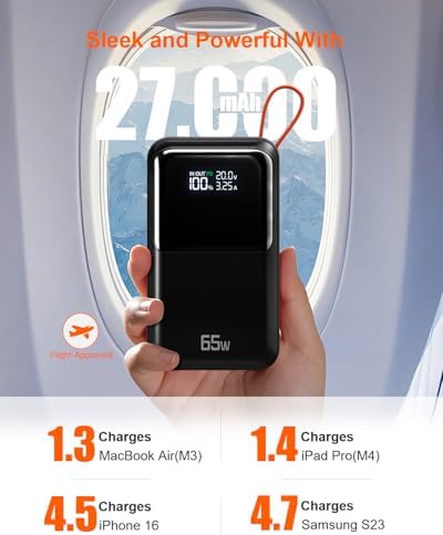 Ultimate 65 W Portable Laptop Power Bank – 27,000 m Ah Triple Port Fast Charger with Integrated USB-C & Lightning Cables | TSA-Compliant for Hassle-Free Travel | Smart Display & Enhanced Safety Features for Mac Book, i Phone, & Steam Deck | Your Essential On-the-Go Charging Solution for Maximum Productivity