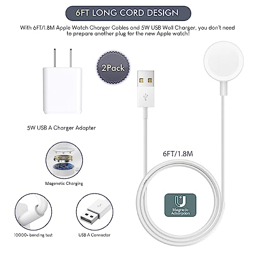 Ultimate Apple Watch Charger Bundle: 2-Pack 6.6 FT Extra Long Fast Charging Cables with USB A Wall Plug, Compatible with All Series 10/9/Ultra 2/8/7/6/5/4/3/2/SE/1 – Efficient, Portable Power Solution for On-the-Go Users