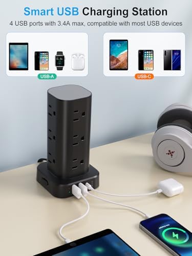 Ultimate Power Strip Tower with 15 W Wireless Charger and 10 FT Extension Cord – 12 AC Outlets & 4 USB Ports (2 USB-C) – Space-Saving Surge Protector for Home, Office, and Dorm Use – Advanced Compatibility for All Devices