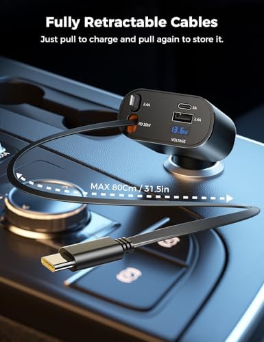 Introducing the SUPERONE 4-in-1 Retractable Fast Car Charger: Ultimate On-the-Go Charging Solution for i Phone, Galaxy & Pixel Devices – Featuring 2.6 ft Tangle-Free Cord, Enhanced USB C & Apple Compatibility, and Sleek Design for Effortless Portability. Experience lightning-fast charging to keep your devices powered during road trips or daily commutes, ensuring you’re always connected. This innovative retractable charger is engineered for maximum efficiency, accommodating a wide range of smartphones including i Phone 16, 15/15 Pro Max, 14, 13, 12, 11 and popular Galaxy and Pixel models. With its compact construction and high-quality materials, this charger not only enhances your charging experience but also withstands everyday wear and tear. Elevate your mobile charging with the SUPERONE car charger – where convenience meets cutting-edge technology for busy professionals and families on the move.