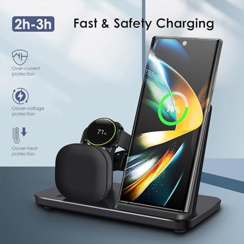 Ultimate 3 in 1 Wireless Charging Station – 15 W Fast Charger for Samsung Galaxy S Series, Note, Galaxy Buds, and Watches – Streamlined, Space-Saving Design with Advanced Safety Features for Home and Office Use