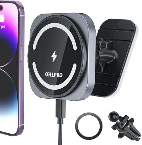 OHLPRO Mag Safe Car Charger Mount – 15 W Fast Charging Magnetic Phone Holder for i Phone 12/13/14/15/16 Series – Dashboard & Air Vent Compatibility – Effortless Device Attachment with Enhanced Stability for Optimal Driving Experience