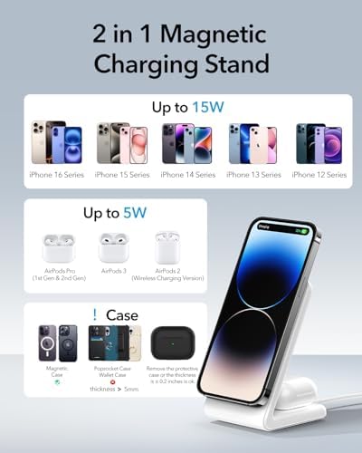 Meifigno Dual Pack Mag Safe-Compatible Fast Wireless Charger Stand with 20 W USB-C Block & 2 USB-C Cables – Premium Charging Solution for i Phone 16 Pro Max, 15, 14, 13, 12 & Air Pods 4/3/Pro – Sleek Design for Efficient Device Powering and Enhanced Compatibility