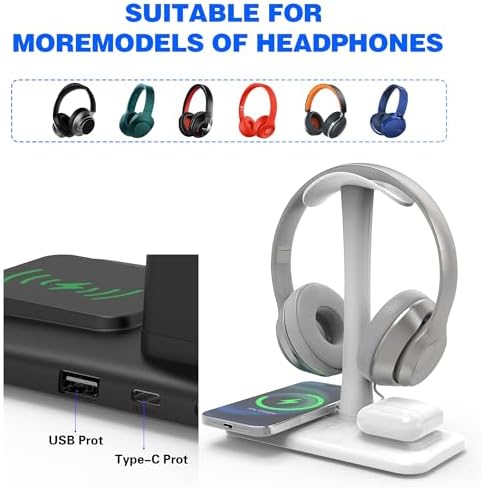 Multifunctional 5 in 1 Headphone Stand & 15 W Fast Wireless Charging Station – Sleek Organizer for i Phone 15/14/13/12/11/XS/XR/X & Air Pods 3/2/Pro/2 – Optimal Desk Solution for Gamers and Professionals – Durable, Clutter-Free Design in Elegant White