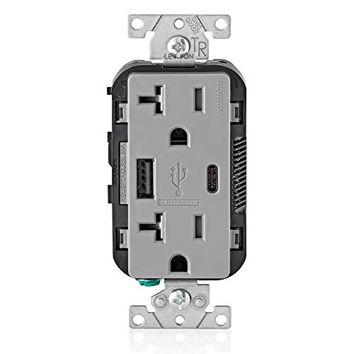 Leviton Dual USB In-Wall Charger with 20 A Tamper-Resistant Outlet – Type A & Type-C Compatibility for Smartphones and Tablets, Light Almond Finish – Streamlined Charging Solution for Home and Office Spaces