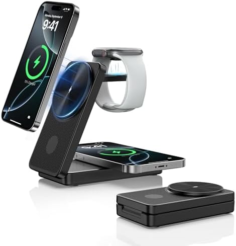 Ultimate 3-in-1 Wireless Charging Station for Apple Devices – Dual Mag Safe Charger for i Phone 16 Pro Max/14/13/12, Air Pods, and Apple Watch – Foldable Travel-Friendly Design for Fast Efficiency and Enhanced Compatibility