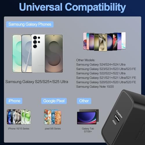 Looptimo 45 W Ga N Super Fast USB-C Charger for Samsung Galaxy S25 Series – Dual 6.6 FT Cables Included for Ultimate Convenience and Compatibility – High-Efficiency Type-C Adapter for Rapid Charging on All Devices – Compact, Durable Design for Travel and Home Use – Enhanced Safety Features for Worry-Free Power Delivery