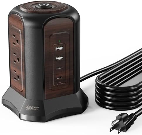 Maximize Your Charging Efficiency with the SUPERDANNY Power Strip Tower Surge Protector – 9 Outlets & 4 USB Ports, 10 Ft Extension Cord, 1080 Joules Surge Protection, Grounded Safety Design for Home and Office Use – Stylish Black Desktop Charging Station for Clutter-Free Solutions
