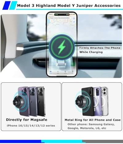 Tesla Model 3 & Y 2025 Premium Phone Mount with 15 W Mag Safe Wireless Charger – Effortless Installation for i Phone 12-16 Series – Enhance Driving Safety & Convenience with This Essential Tesla Accessory