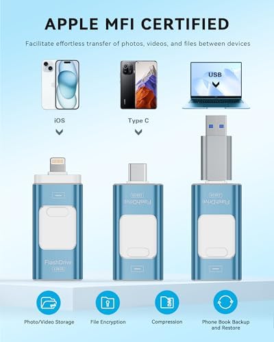 Revolutionize Your Data Storage with the 128 GB Apple MFi Certified Flash Drive – High-Speed USB Memory Stick for i Phone, i Pad, Android & PC – Effortless File Management & Stylish Blue Design for Photos, Videos & More