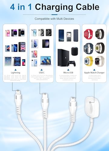 Revolutionary 4-in-1 Fast Charging Cable for Apple Watch – High-Speed 100 W Multi-Connector Charger with Lightning, USB-C, Micro USB Compatibility – 10 ft Length for Ultimate Flexibility – Stylish White Finish for the Modern Tech Savvy User