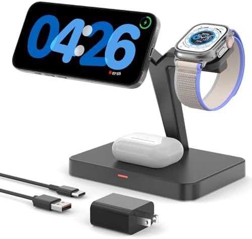 Ultimate 3-in-1 Foldable Wireless Charging Station for i Phone, Apple Watch, and Air Pods – Fast Magnetic Charger Stand with Enhanced Compatibility for i Phone 16-12, Apple Watch Series 9-2, Air Pods Pro & More – Stylish and Portable Power Solution for Home and Travel