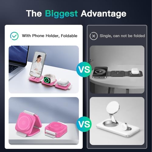 Versatile 3-in-1 Magnetic Charging Station: Travel-Friendly Wireless Charger for i Phone 16/15/14/13/12, Apple Watch & Air Pods 4/3/2 – Foldable & Chic Pink Design for Seamless Power on the Go – Enhanced Speed & Compatibility for All Your Apple Devices