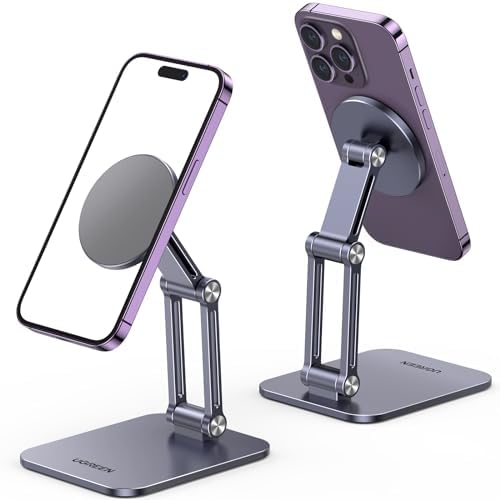 UGREEN Magnetic Phone Stand Compatible with MagSafe iPhone Holder for Desk Ergonomic Design Adjustable, Aluminum Cell Phone Stand Compatible for iPhone 16 15 14 13 12 Pro Max and MagSafe Case, Black – Enhanced Compatibility and Speed