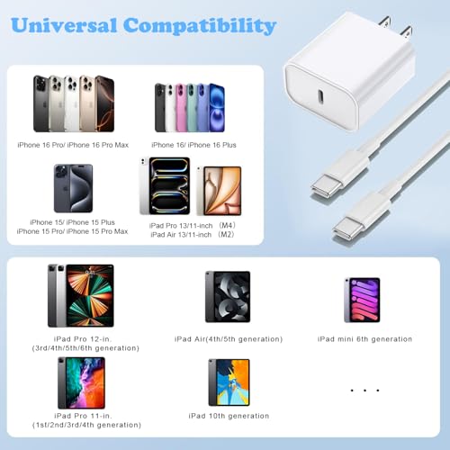 Enhanced Speed and Versatility: Dual-Pack Fast Charging i Phone Charger with 6 FT USB-C to Lightning Cable – Compatible with i Phone 14 Pro Max, 14 Plus, 13 Pro, 12 Mini, 11, XS, XR, X & i Pad – Efficient Power Delivery for Home and Travel