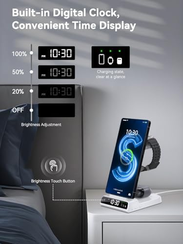 Upgrade Your Charging Experience with the Premium 3-in-1 Wireless Charger Station for Samsung Devices – Ultra-Fast Dock for Galaxy S24 Ultra, S23 Ultra, Z Flip 6, Fold 5, Galaxy Watch 7/6/5 Pro, and Buds – Modern Wood Grain Design with Integrated Clock for Enhanced Organization and Style