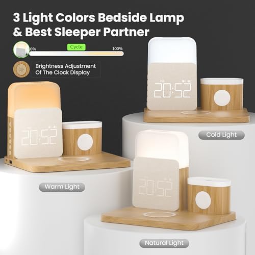 Elevate Your Nightstand with the 7-in-1 Wireless Alarm Clock Charging Station – Fast Mag-Safe Charger for i Phone 12-16 Pro Max, Apple Watch & Air Pods, Features Adjustable Night Light and Sleek Time Display for Ultimate Bedroom Convenience
