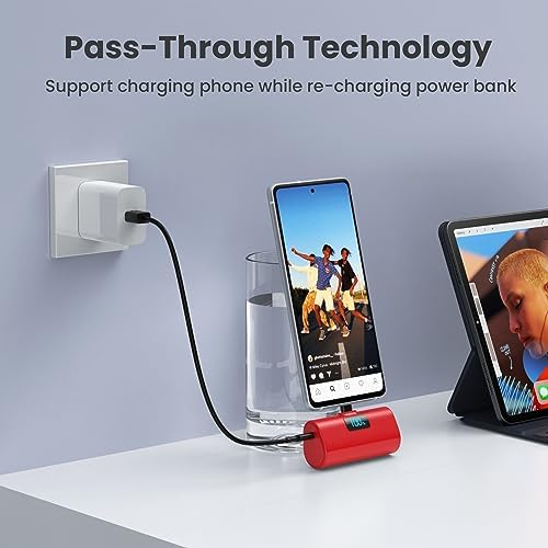 Compact 5200 m Ah Power Bank with Built-In USB-C for i Phone 15 and Samsung Devices – Fast Charging, LCD Display, Lightweight Red Design for On-the-Go Convenience and Enhanced Compatibility