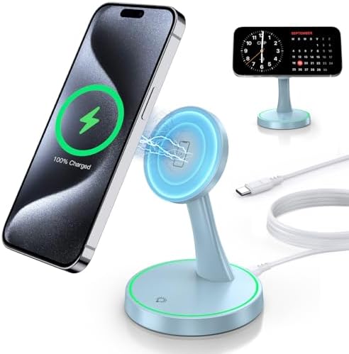 Efficient Magnetic Wireless Charging Stand – 15 W Fast Mag Safe Charger for i Phone 16 Series & Earlier, Sleep-Friendly Indicator Light, Sleek Design, Enhanced Compatibility & Quick Charge for Air Pods – Ultimate Cordless Convenience