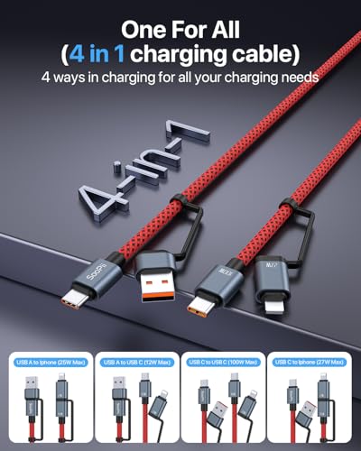 SOOPII 100 W 6.6 FT 4-in-1 Multi-USB C Charging Cable – Fast Charging Solution with USB-C, USB-A, and Lightning Connectors – Durable Nylon Braided Design for Phones, Tablets, and Laptops – Ultimate Versatility for Home and Travel