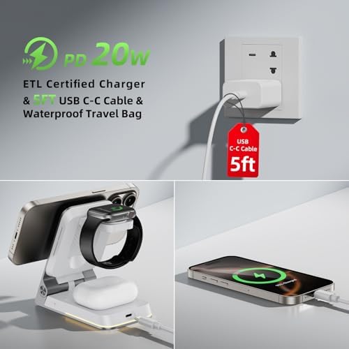 Premium Aluminum 3-in-1 Foldable Wireless Charger Station – Fast Magnetic Charging Dock for i Phone 16/15/14/13/12, Apple Watch & Air Pods with Touch Night Light – Portable Travel Charger with 20 W PD Adapter & Waterproof Case – Ideal Gift for Home, Office & On-the-Go Use