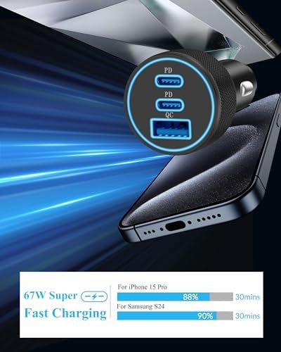 Premium 3-Port 67 W USB-C Car Charger for i Phone 16 & 15 – Dual Pack Fast Charging Adapter with Two 3 FT Cables – Multi-Device Compatibility for i Pads & Air Pods – Compact, Durable Design for Road Trips & Daily Commutes