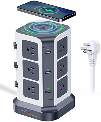Revolutionize Your Charging Setup with the KOOSLA Power Strip Tower – 12 AC Outlets, 6 USB Ports & 15 W Wireless Charger – 6.5 ft Surge Protector for Ultimate Device Connectivity in Home, Office, or Dorm – Stylish & Efficient Charging Station for All Your Essentials
