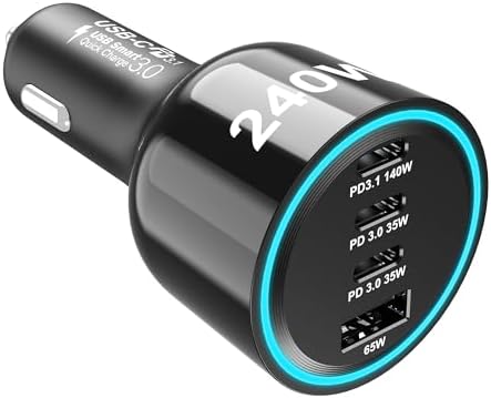 URVNS 240 W USB C Car Charger – Super Fast 4-Port PD3.1/PD3.0 Multi-Device Car Adapter for Mac Book Pro, i Phone 15/16 Max, Samsung Galaxy S24/S23, Google Pixel – Ultimate On-the-Go Charging Solution with Smart Power Distribution and Safety Features