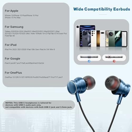 Ultimate USB C Wired Headphones for Samsung Galaxy S25/S24/S23/S22 Ultra, i Phone 15/16 Pro Max & Google Pixel 9 Pro 8 a – High-Fidelity Noise-Cancelling Earbuds with Built-in Mic, Volume Control & Ergonomic Comfort – Experience Unmatched Audio Clarity in Striking Blue