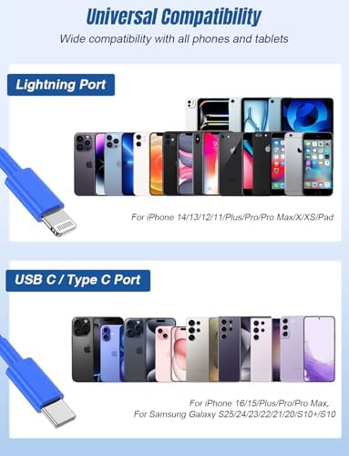 Versatile 3-in-1 i Phone Charger Cable – 6 FT USB C to Lightning with Triple Port Compatibility for i Phone 16/15/14/13/12/11 Pro Max/XS/XR/8 & i Pad Pro/Mini – Fast Charging Solution (2-Pack, Black) for Effortless Multi-Device Power Management