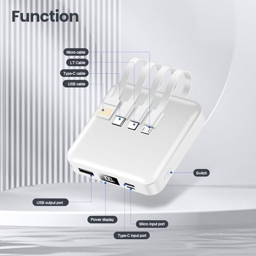 Ultra-Compact 12000 m Ah Fast Charging Power Bank with Built-in Cables – All-in-One Portable Charger for i Phone, Tablets & Samsung Devices, Featuring USB C Input/Output and LED Battery Display for Maximum Efficiency and On-the-Go Convenience