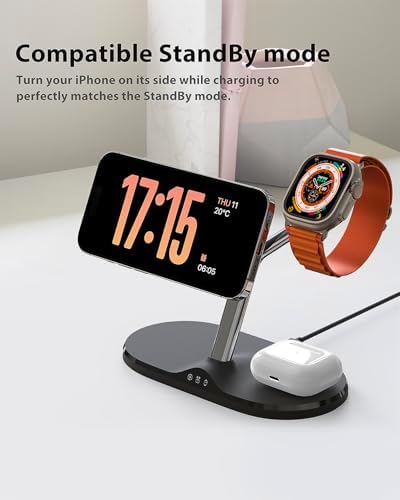 Ultimate 3-in-1 Mag Safe Wireless Charging Station for Apple Devices – Fast, Space-Saving Charger for i Phone 12-16, Apple Watch, and Air Pods – Enhanced Compatibility and Sleek Design for Organized Spaces
