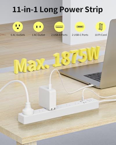 Dual Pack Surge Protector Power Strip with 7 Outlets & 4 USB Ports (2 USB-C) – 6 Ft Flat Plug Extension Cord for Ultimate Device Charging Efficiency – 1875 W/15 A, 1700 Joules Protection, Wall-Mountable for Home, Office, & Dorm Spaces – Sleek Design for Space Optimization and Safety