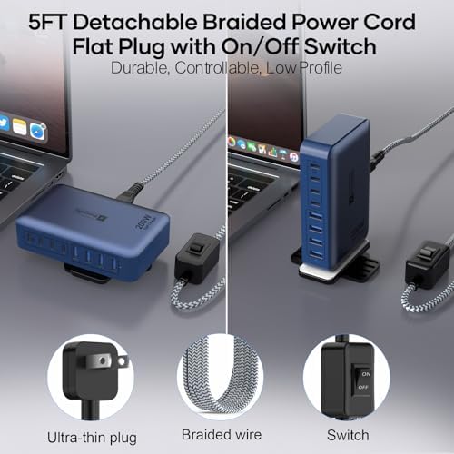 Transform Your Charging Routine with the 200 W 8-Port Fast Charging Hub – Multi-Device USB Station Featuring 65 W Laptop Adapter, Space-Saving Flat Plug, Durable Braided Cable, and User-Friendly On/Off Power Control for Optimal Performance and Safety