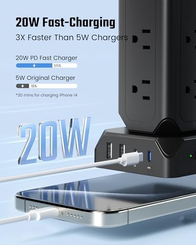 Maximize Your Charging Efficiency with the SUPERDANNY Power Strip Tower Surge Protector – 9 Outlets & 4 USB Ports, 10 Ft Extension Cord, 1080 Joules Surge Protection, Grounded Safety Design for Home and Office Use – Stylish Black Desktop Charging Station for Clutter-Free Solutions