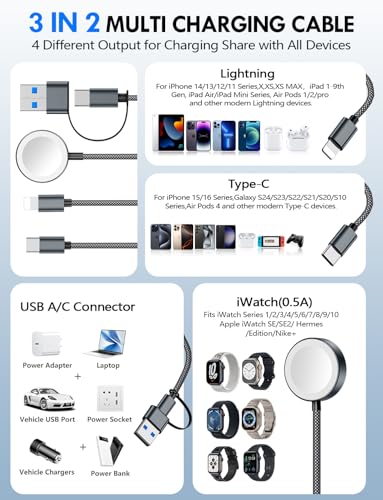 Ultimate 2-Pack Fast Charging Cable Set: Versatile USB A/Type C/Lightning Cables for Quick Charging of Apple Watch & i Phone, 4 FT Length for Seamless Travel Compatibility with i Phone 11-16, i Pad, Apple Watch Ultra & SE, Durable Multi-Device Solution for Enhanced Power Efficiency and Convenience
