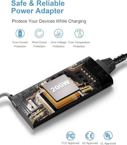 High-Performance 200 W Laptop Charger for HP Victus, Omen, Pavilion, ZBook, and Envy – Fast Charging Power Supply with Enhanced Safety Features, Compatible with Multiple Models and Speeds, Includes 30-Day Satisfaction Guarantee and 12-Month Warranty
