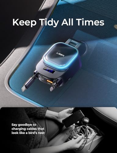 LISEN 96 W 4-in-1 Retractable Car Charger with Advanced USB-C & L Cable – Fast Charging for i Phone, Samsung, and Android – Smart Voltage Detection & Ambient Lighting – Ideal for Cars, Trucks, RVs – Ultimate On-the-Go Power Solution
