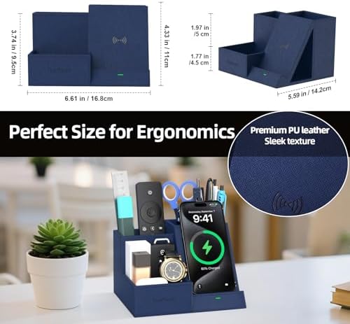 Premium PU Leather Wireless Charging Station & Desk Organizer for i Phones – Fast, Stylish Charging Dock with Integrated Pen Holder – Ideal Gift for Men and Essential Office Accessory in Elegant Black – Boost Productivity & Organize Your Workspace