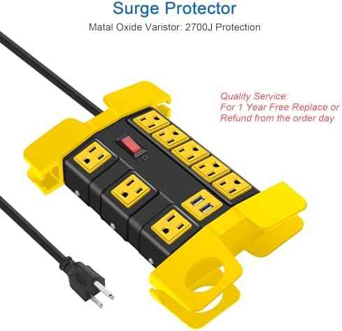 Industrial Heavy Duty Power Strip with 8 Outlets & USB Ports – 2700 Joules Surge Protector for Workshop & Garage – 15 Amp Metal Power Strip with 6 FT Extension Cord for Enhanced Device Compatibility & Fast Charging