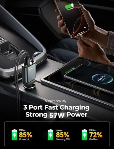 Compact Retractable USB-C Car Charger: 57 W Fast Charging Adapter for i Phone 16, 15 Pro & Samsung Galaxy S25/24 – Space-Saving Design for Enhanced Compatibility & Effortless Storage