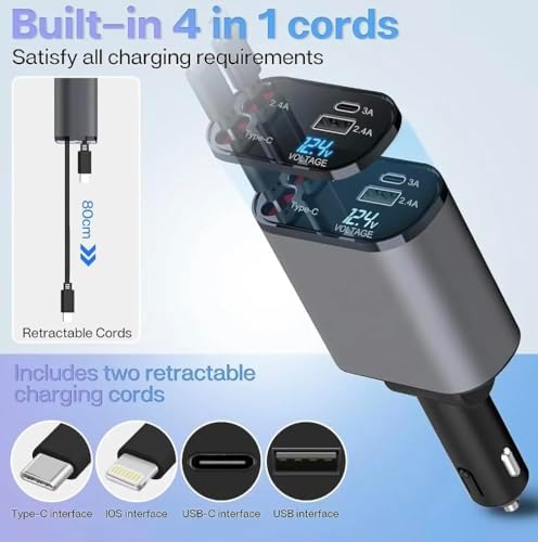 Ultimate 4-in-1 Retractable Car Charger with Dual USB Ports – 120 W Fast Charging Adapter for i Phone, Samsung Galaxy & Pixel Devices – Tangle-Free Design for Optimal On-the-Go Convenience and Universal Compatibility