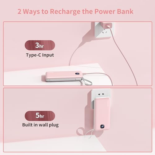 Ultra-Slim 10000 m Ah Fast Charging Power Bank with Built-In Cables & AC Plug – Versatile 5 Output USB-C Portable Charger for i Phones, Samsung, Android & More – Perfect for Travel & On-the-Go Power Solutions